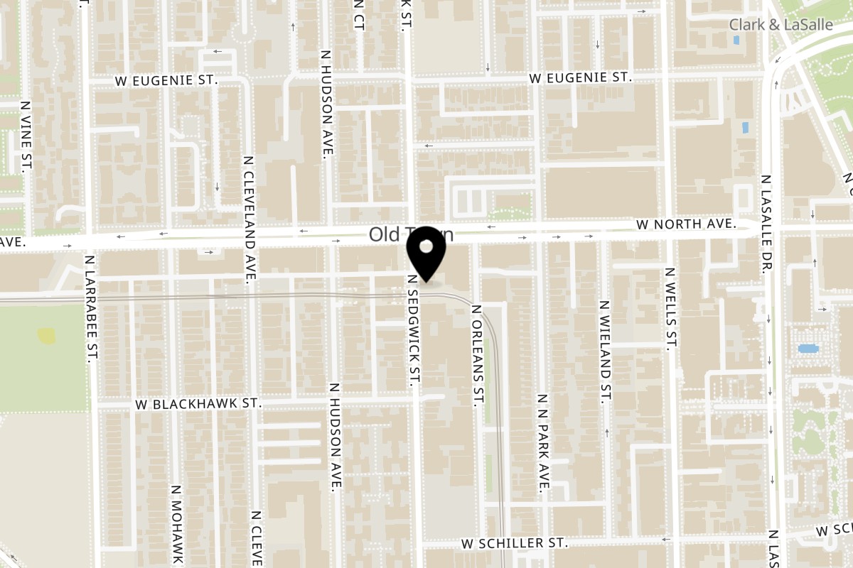 Map showing the location of Pazza Pizza Old Town on 1543 N Sedgwick St in Chicago